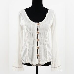 BKE White Cotton Gauze Boho Blouse Lace Trim Pintuck Cottagecore Top M